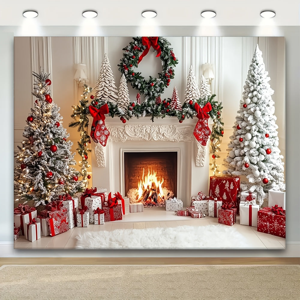 Christmas Fireplace Backdrop Polyester Holiday Photo Booth Decor