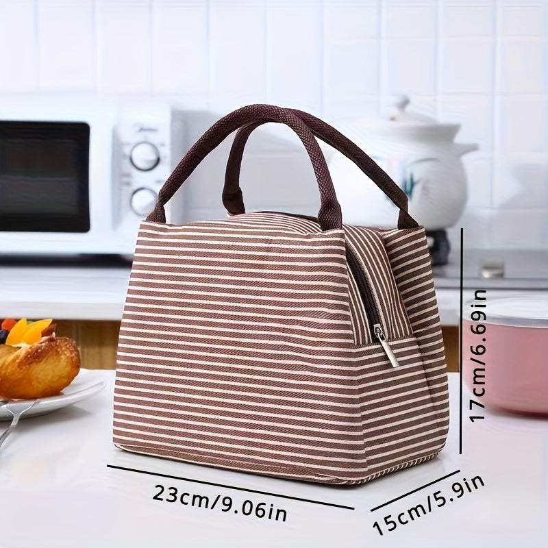 Striped Insulated Lunch Bag with Zipper Leak-Proof Oxford Cloth for School Office