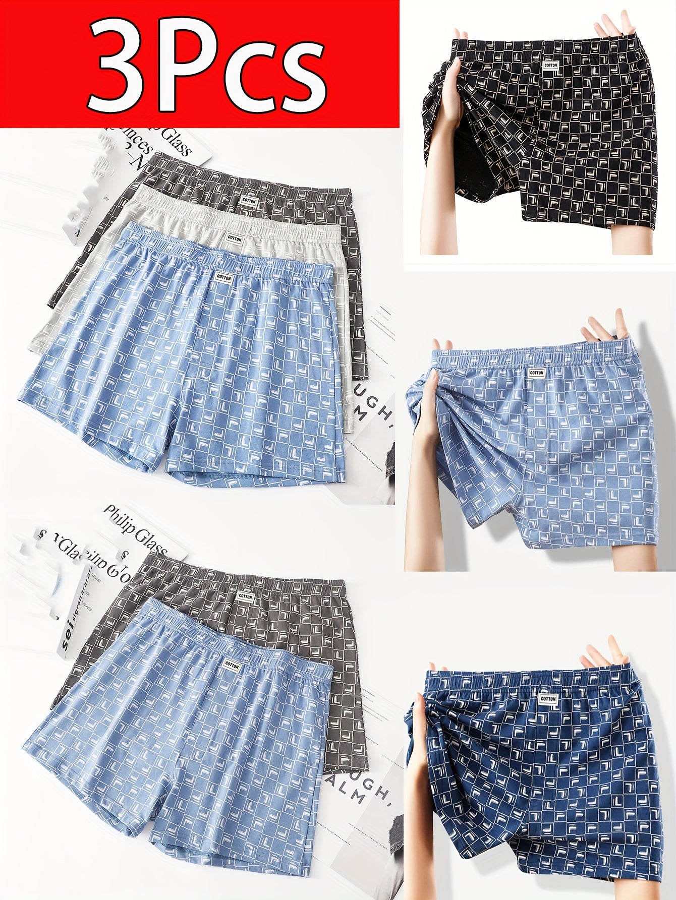 Men's Cotton Boxer Briefs 3 Pack Breathable Plaid Denim-Style Patterns Comfortable Elastic Waist