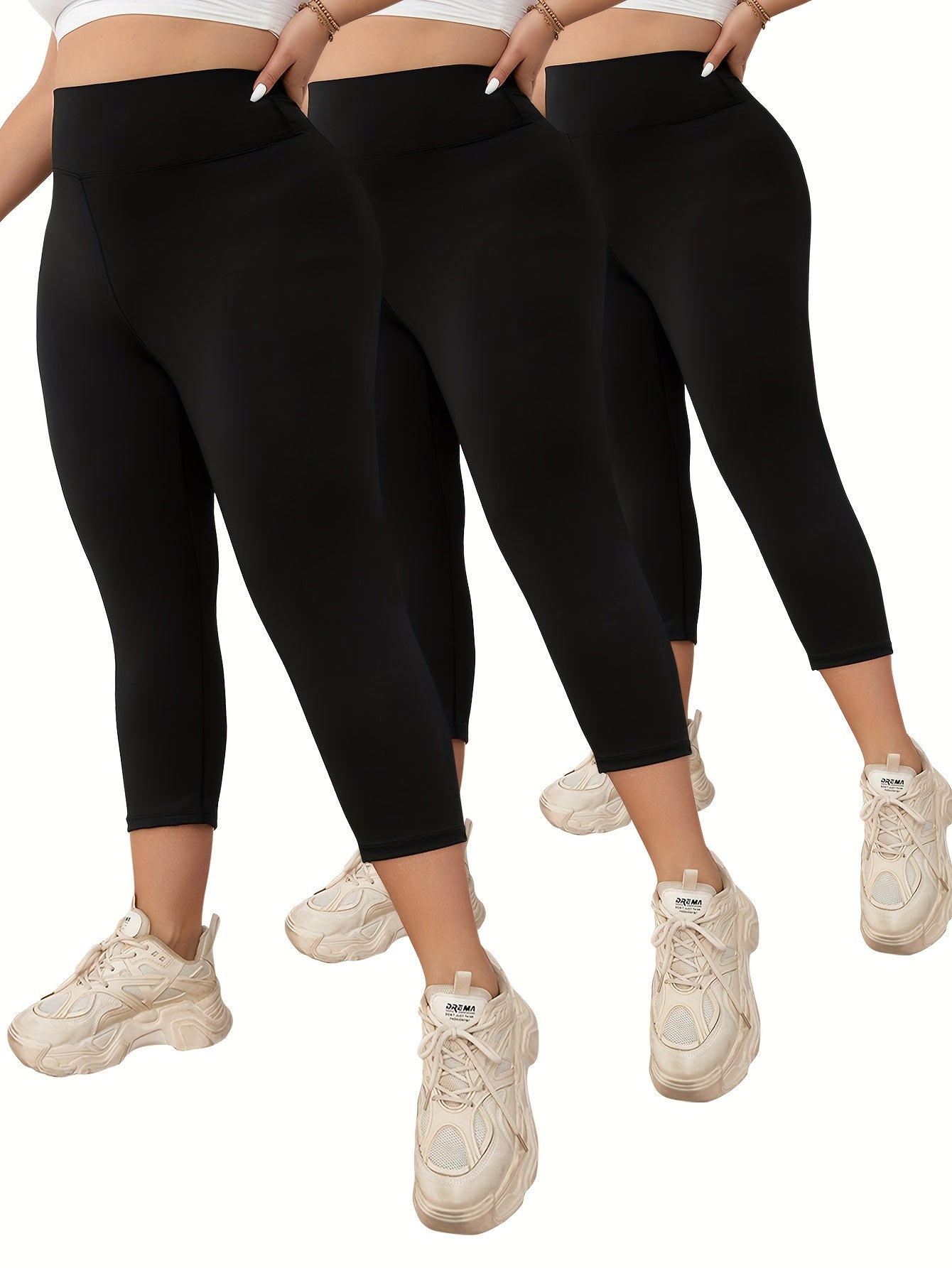 Plus Size Women Capri Leggings High Stretch Solid Color 3/4 Length Yoga Pants