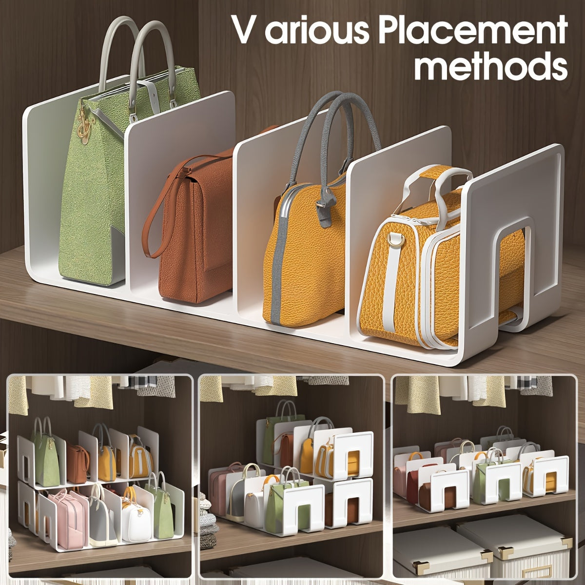 Juego de organizadores de bolsos de acrílico blanco con 2 estantes de almacenamiento para bolsos y accesorios