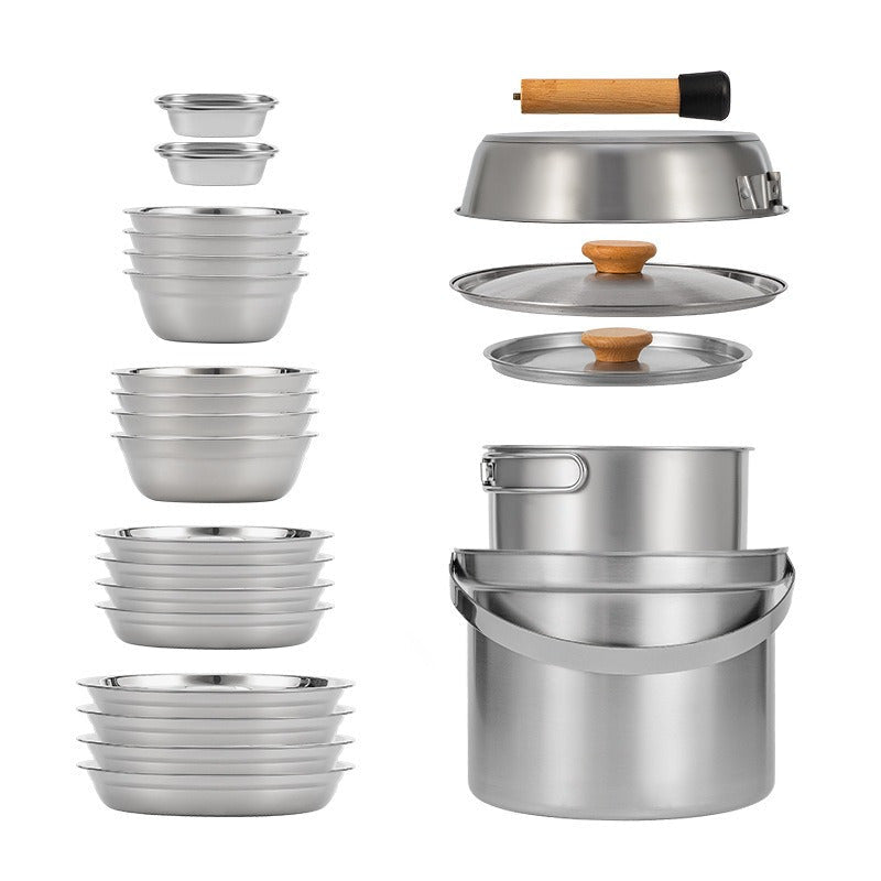 Stainless Steel Camping Cookware Set 22 Pieces Outdoor Kitchen Utensils