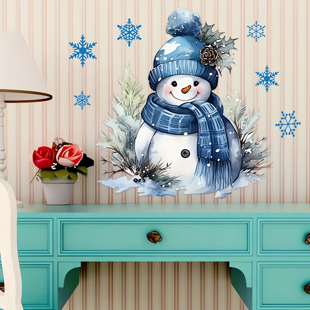 Conjunto de calcomanías navideñas de muñeco de nieve para baño, pegatina de vinilo con copo de nieve azul para tapa del inodoro