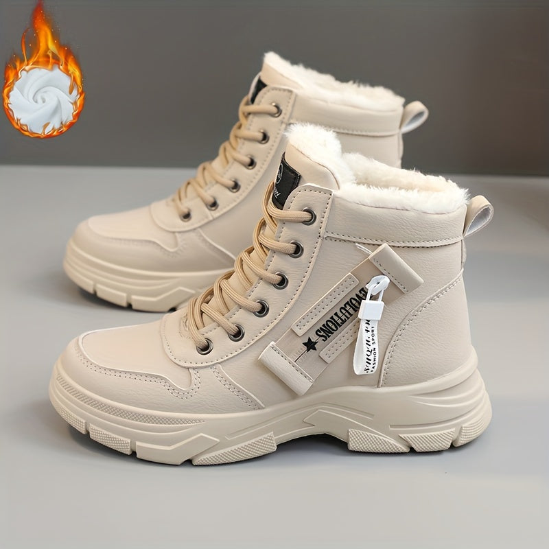 Women's Faux Leather Mid-Top Sneakers with Thick Platform Sole Beige Cold Weather Shoes