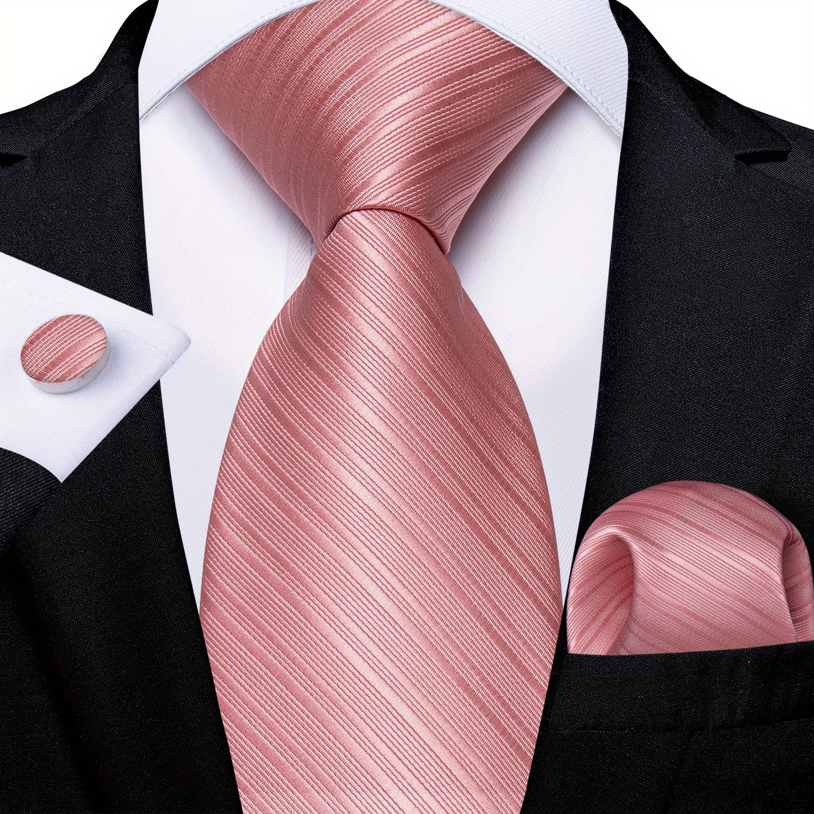 Stylish Men's Pink Patterned Tie Set with Pocket Square, Hanky, and Cufflinks - Perfect for Weddings or as a Gift