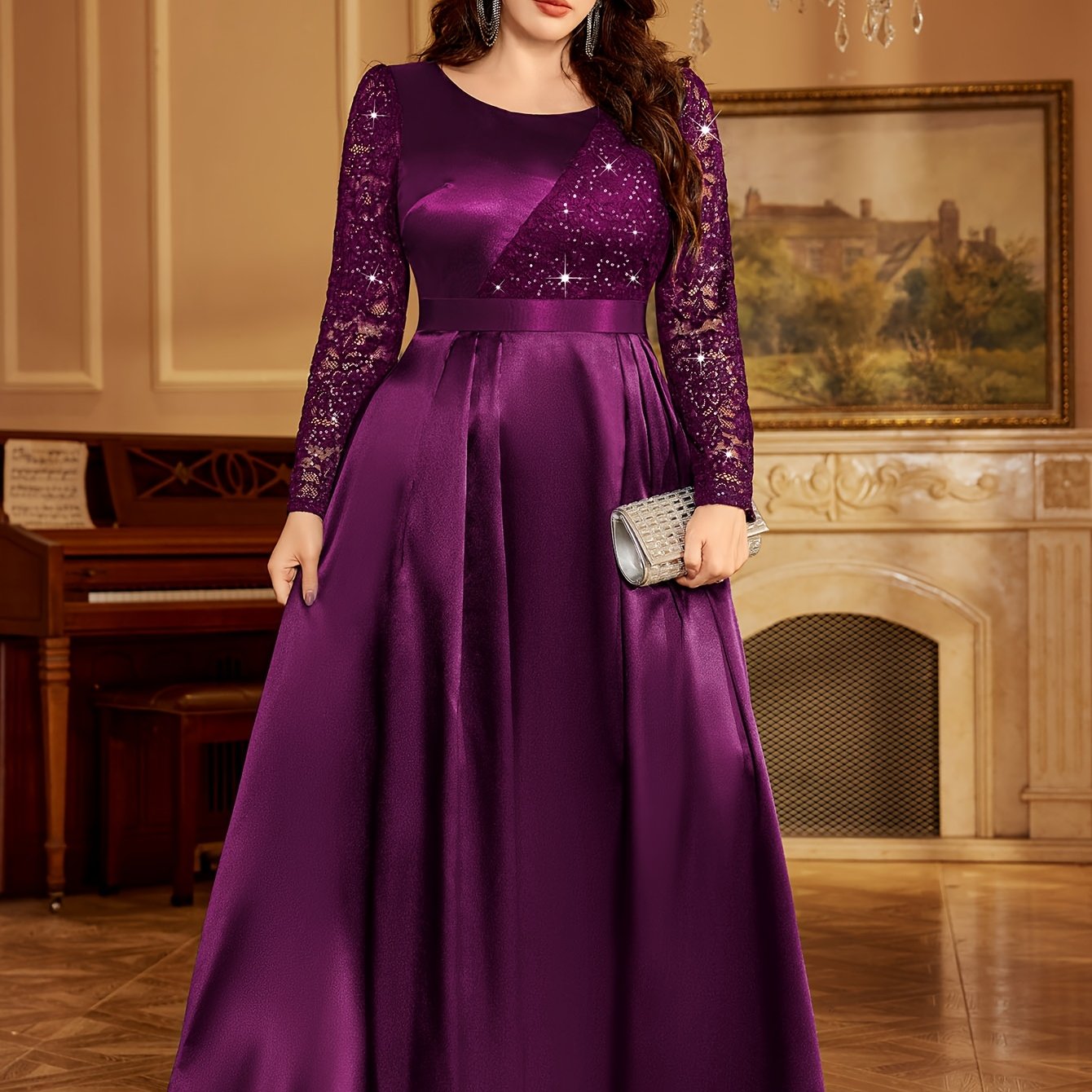 Plus Size Women's Satin Lace Wedding Dress Sequin Embellished Mermaid Evening Gown