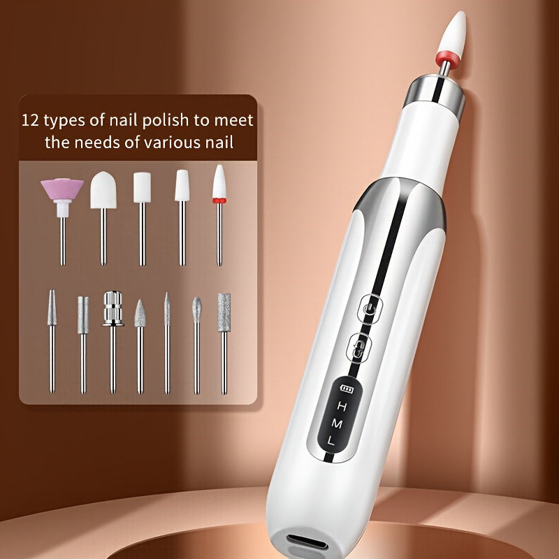 Portable Electric Nail Drill with USB Charging 3-Speed Low Noise Manicure Pedicure Tool