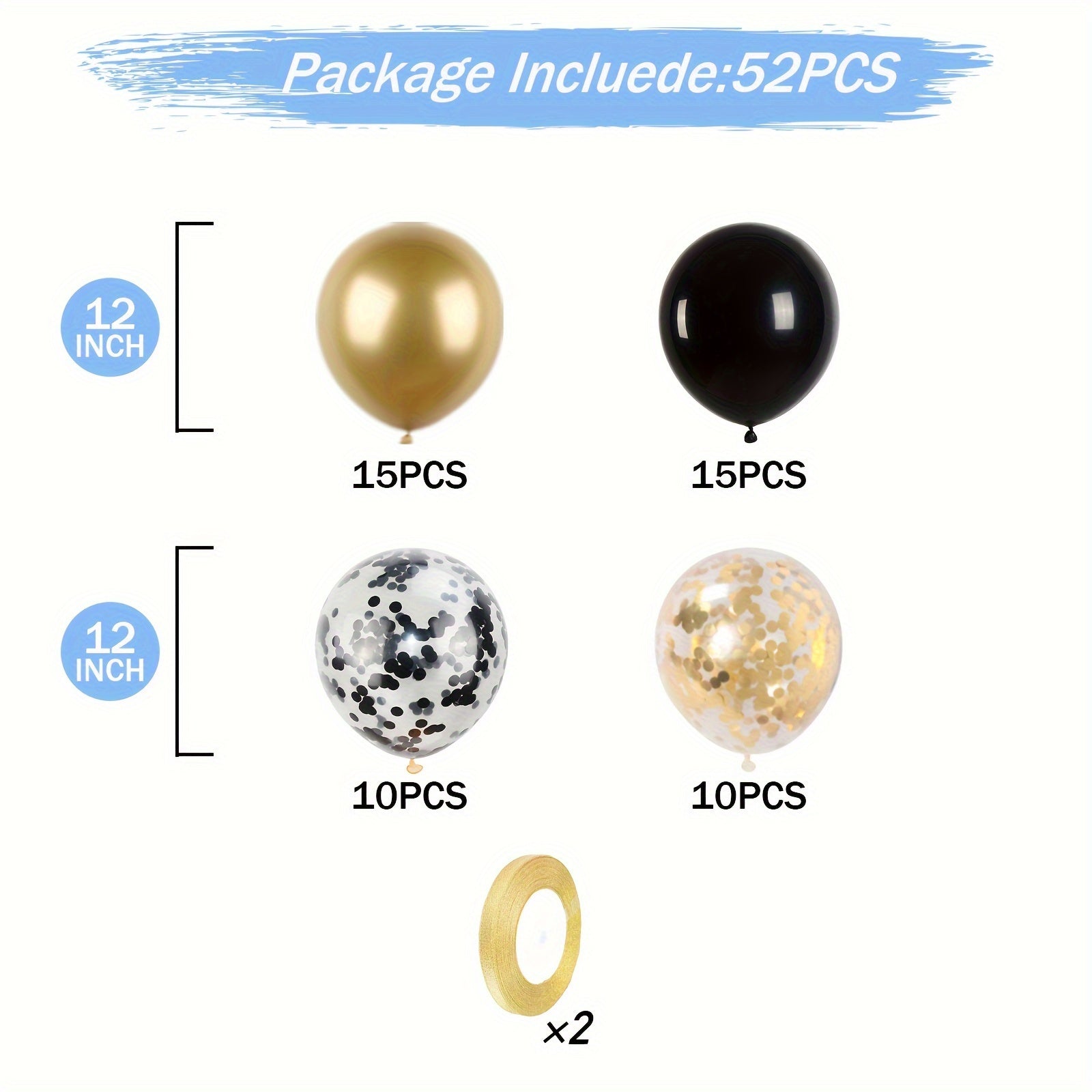 Black and Gold Confetti Latex Balloons for Celebrations Set of 52