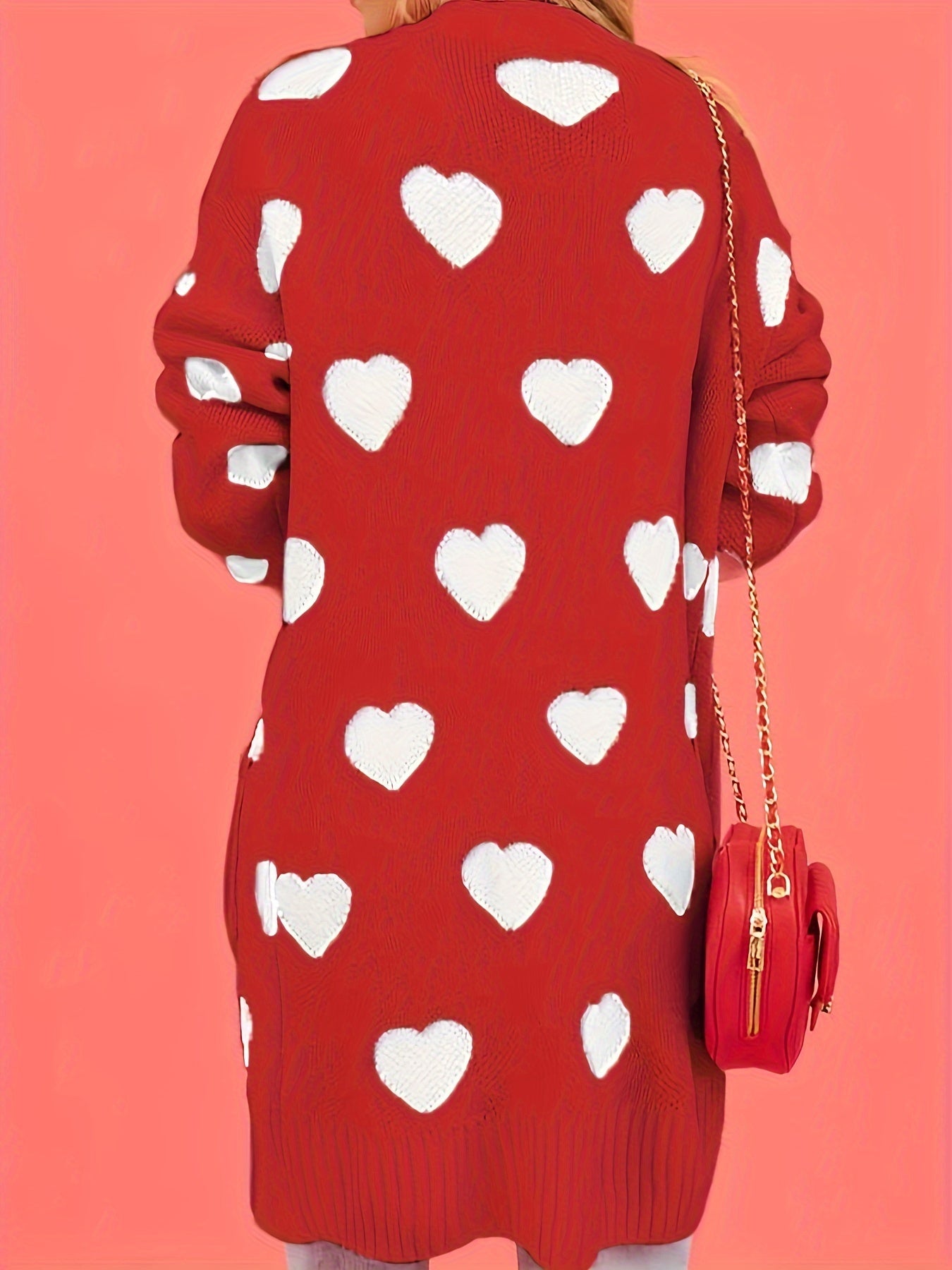 Women's Plus Size Red White Heart Pattern Cardigan Long Sleeve Open Front Sweater