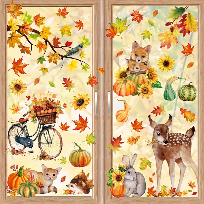 Gran conjunto de calcomanías para ventanas de otoño de 68 piezas con animales, calabazas y hojas de arce para la decoración de Acción de Gracias