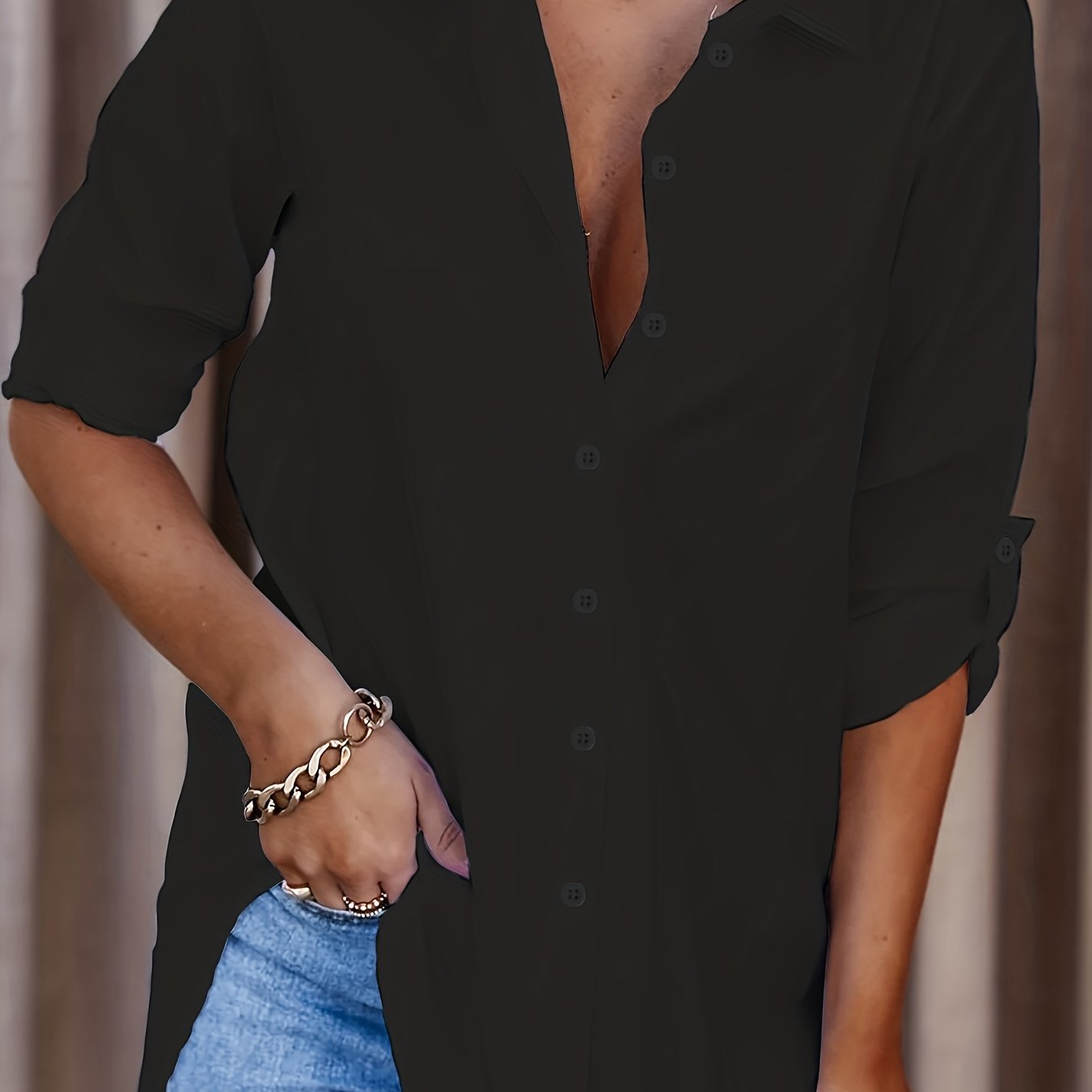 Plus Size Women's Solid Polyester Button Front Shirt with Roll-Up Sleeves for Spring and Fall