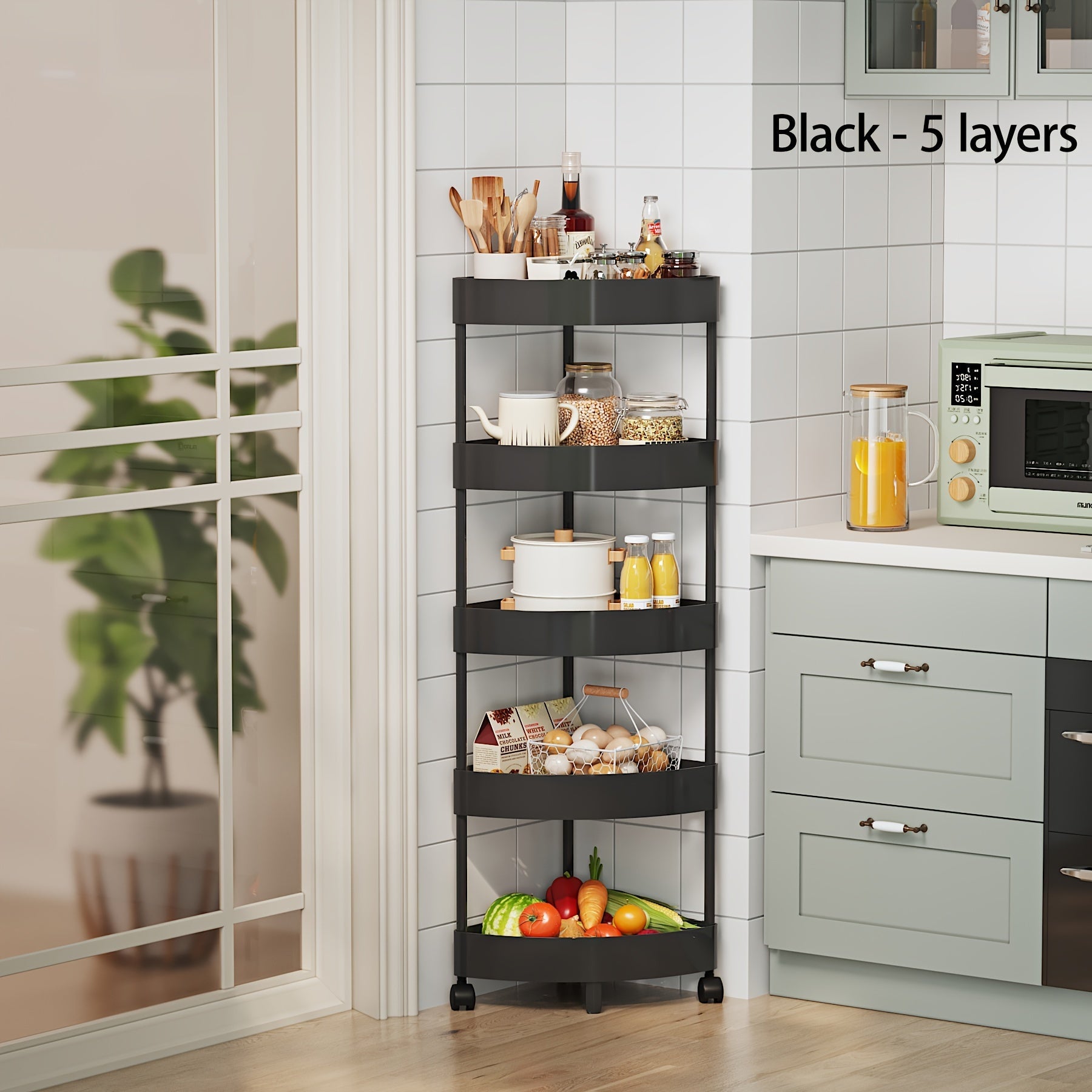 Multi-Tier Storage Rack on Wheels for Fruits Snacks and Beverages Black