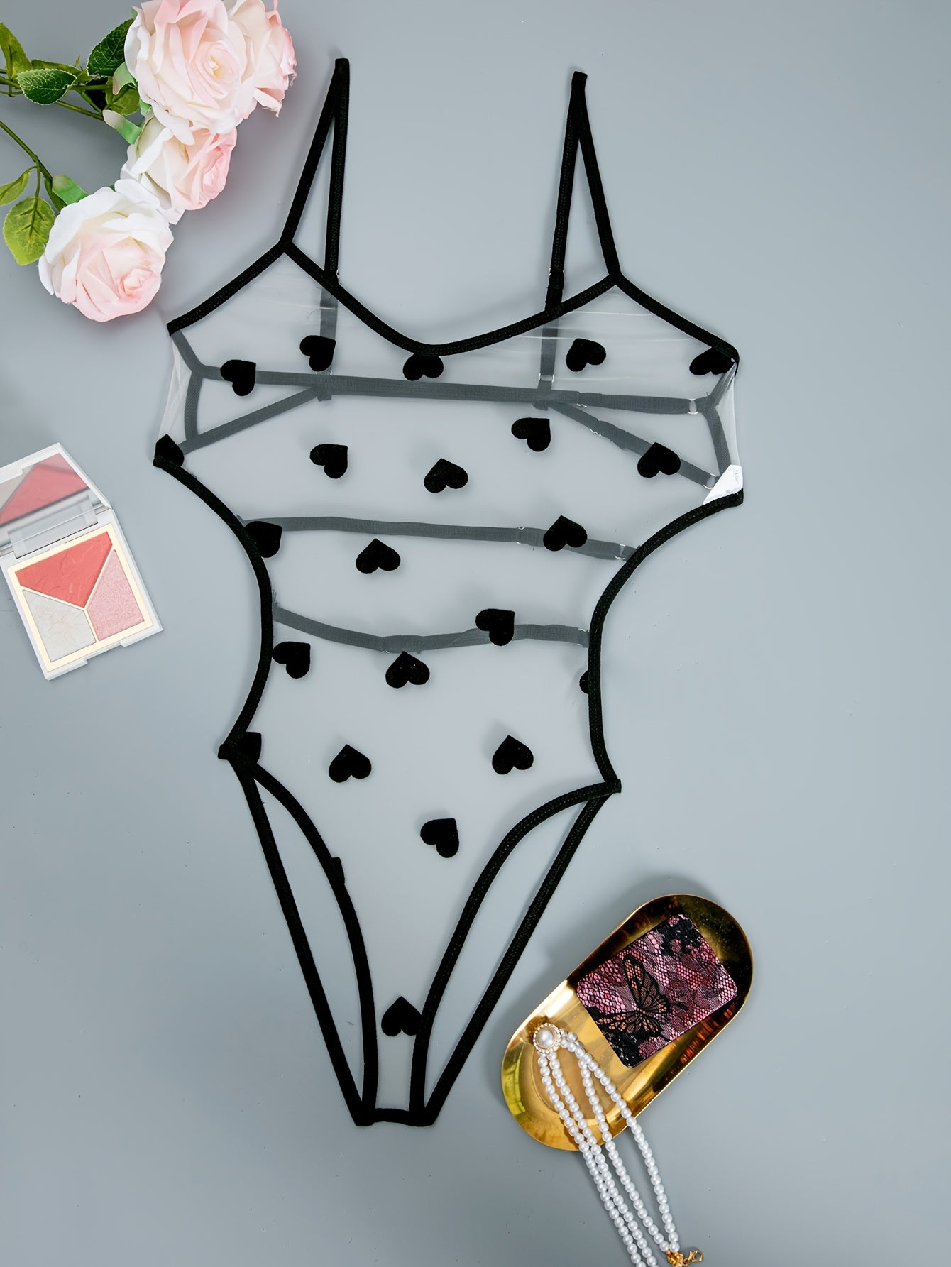 Body de malla para mujer negro y blanco con lunares, transparente, de talle alto y con aberturas