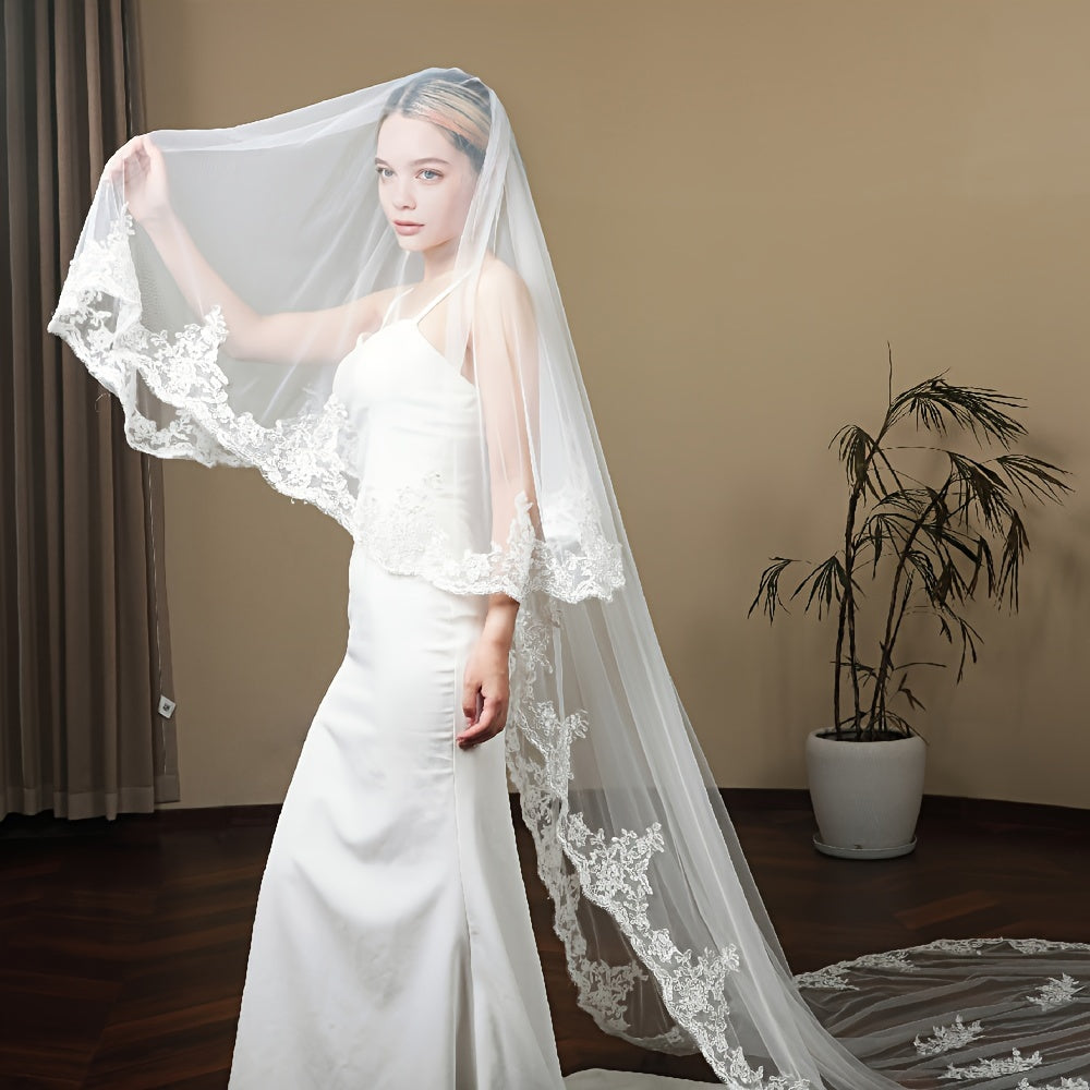 Velo de encaje para novia con diseño de doble capa y cola extendida, velo de boda para mujeres