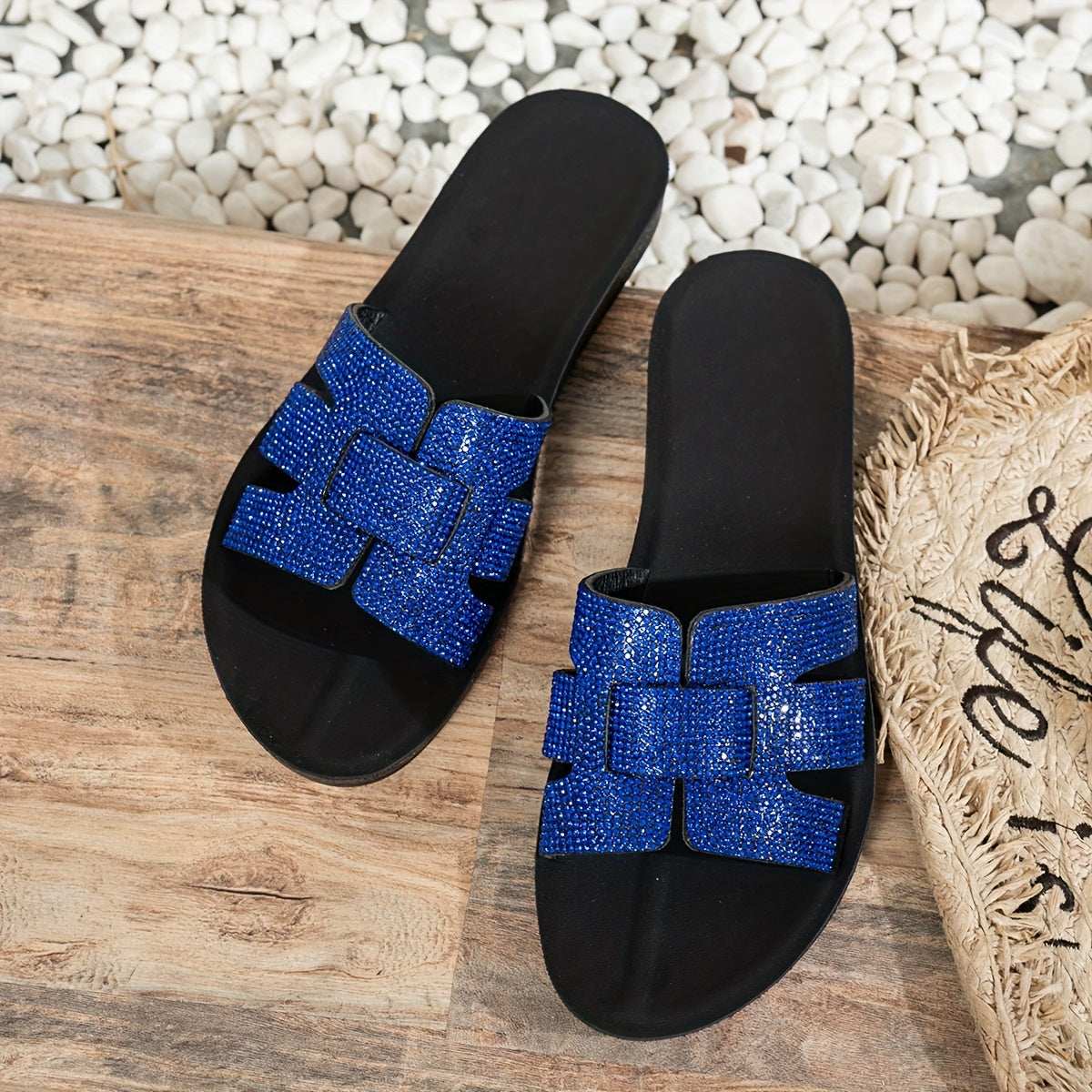 Women's Summer Rhinestone-Embellished Open-Toe Slides with Adjustable Ankle Strap