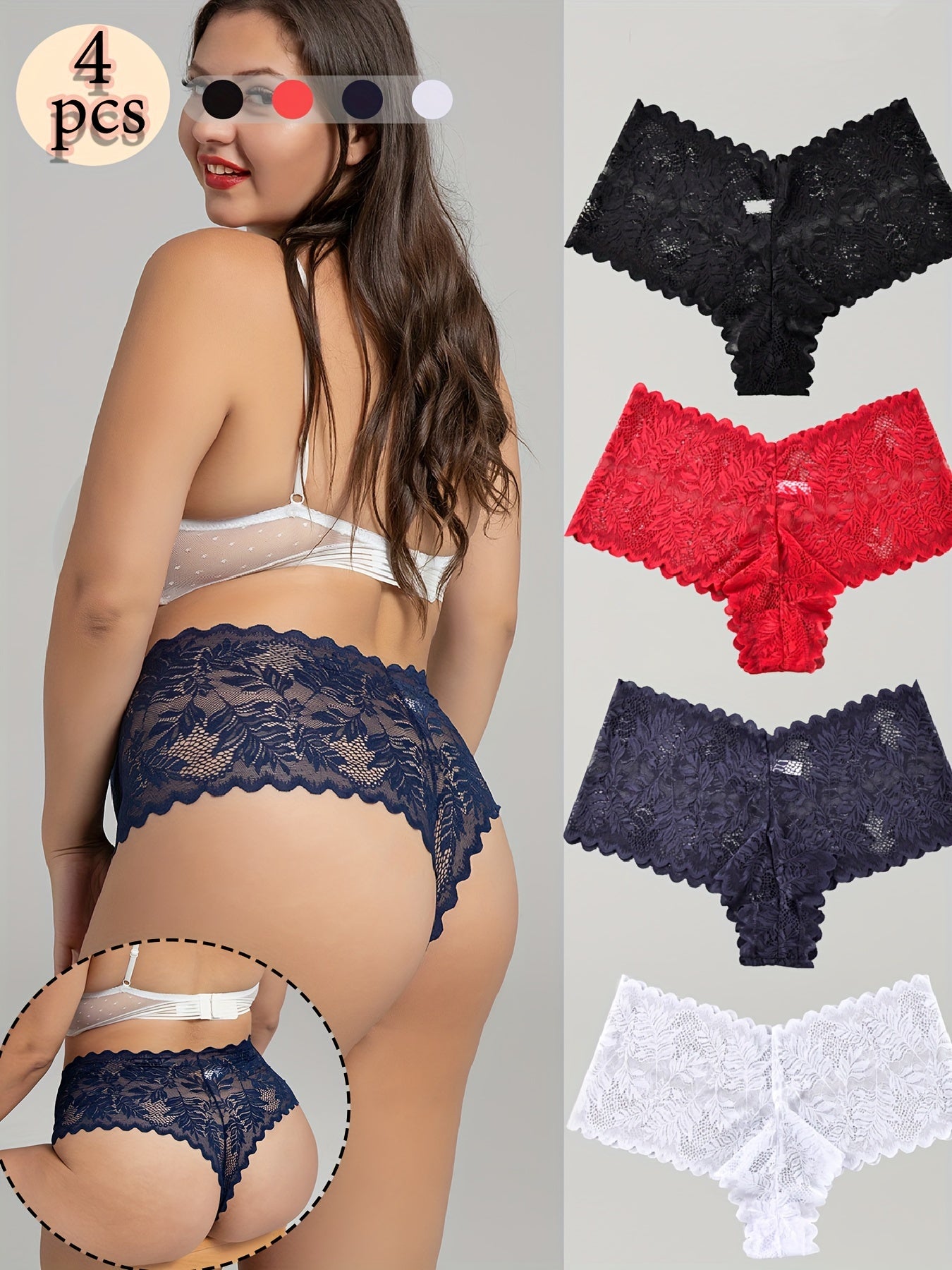 Plus Size Women's Lace Briefs 4 Pack High Stretch Solid Color Sexy Panties