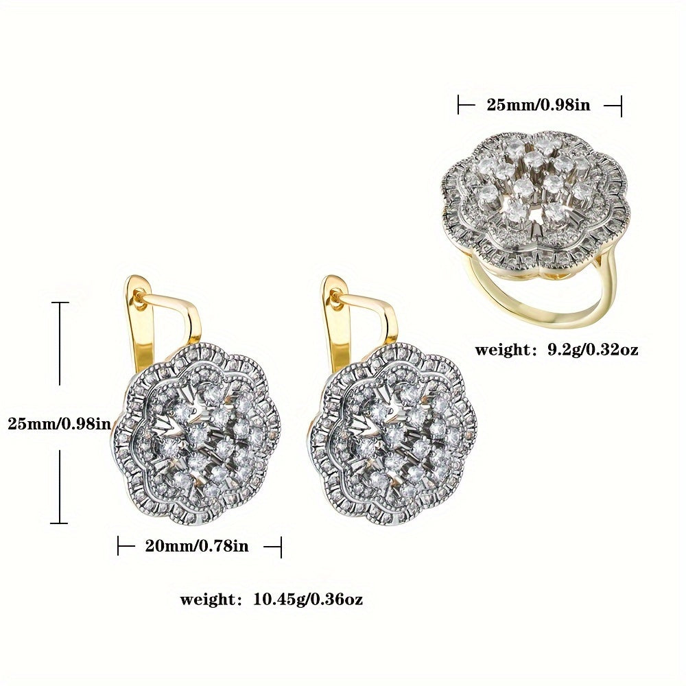 Copper Flower Earrings and Ring Set with Cubic Zirconia, Gold-Plated Jewelry for Women