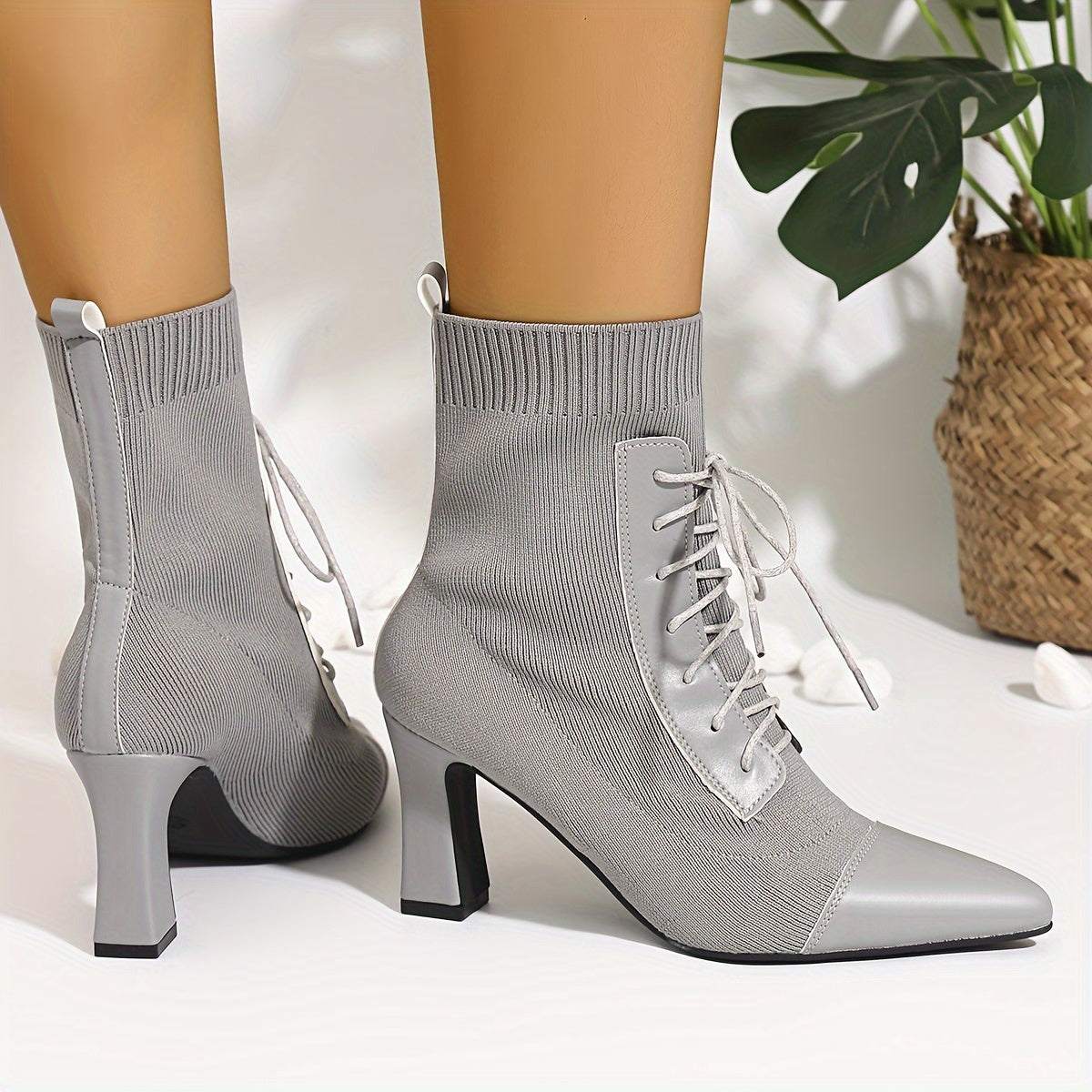 Women's Grey Ankle Boots with Pointed Toes and Chunky Heels