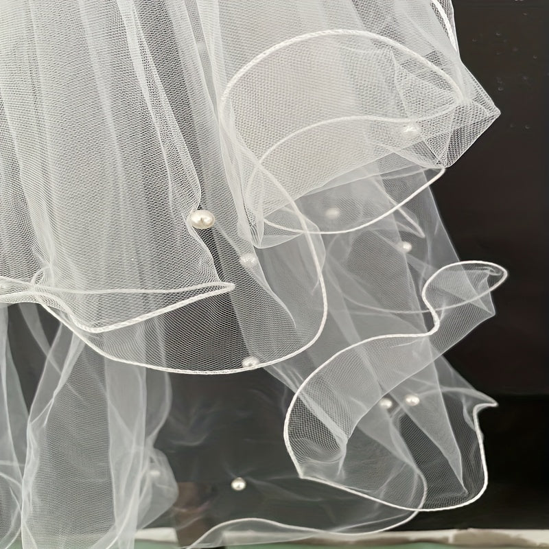 Velo de novia con 2 niveles, lazo de raso con perlas falsas, peineta para novia, borde rizado