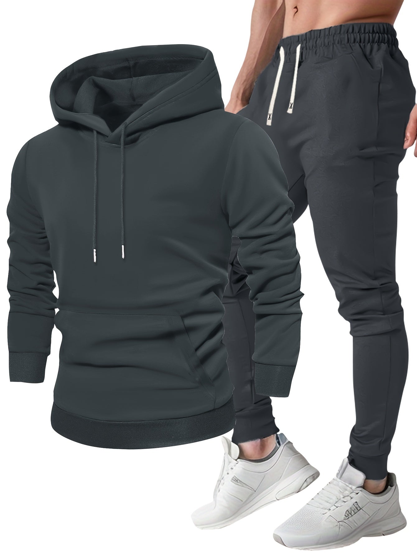 Men's Casual Sportswear Set Hoodie and Joggers Solid Color Polyester Blend Machine Washable for Spring Fall