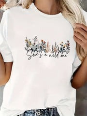 Women's Short Sleeve Floral T-Shirt with Blue Print and Text