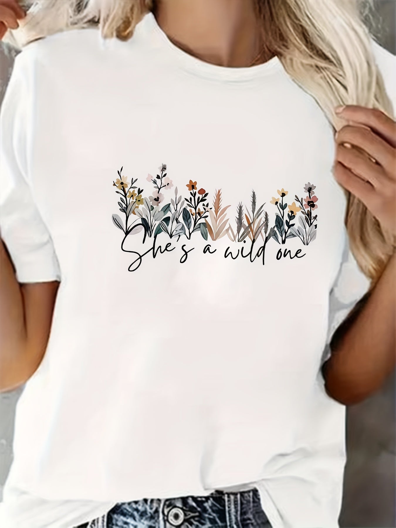 Women's Short Sleeve Floral T-Shirt with Blue Print and Text