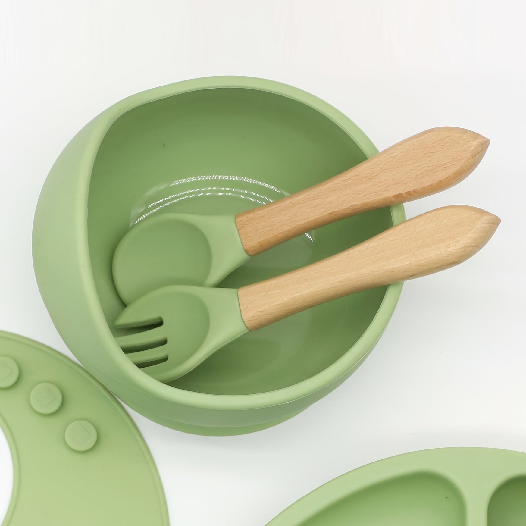 7-Piece Silicone Baby Utensils Set with Bowl Plate and Wooden Handle Spoons Forks Green