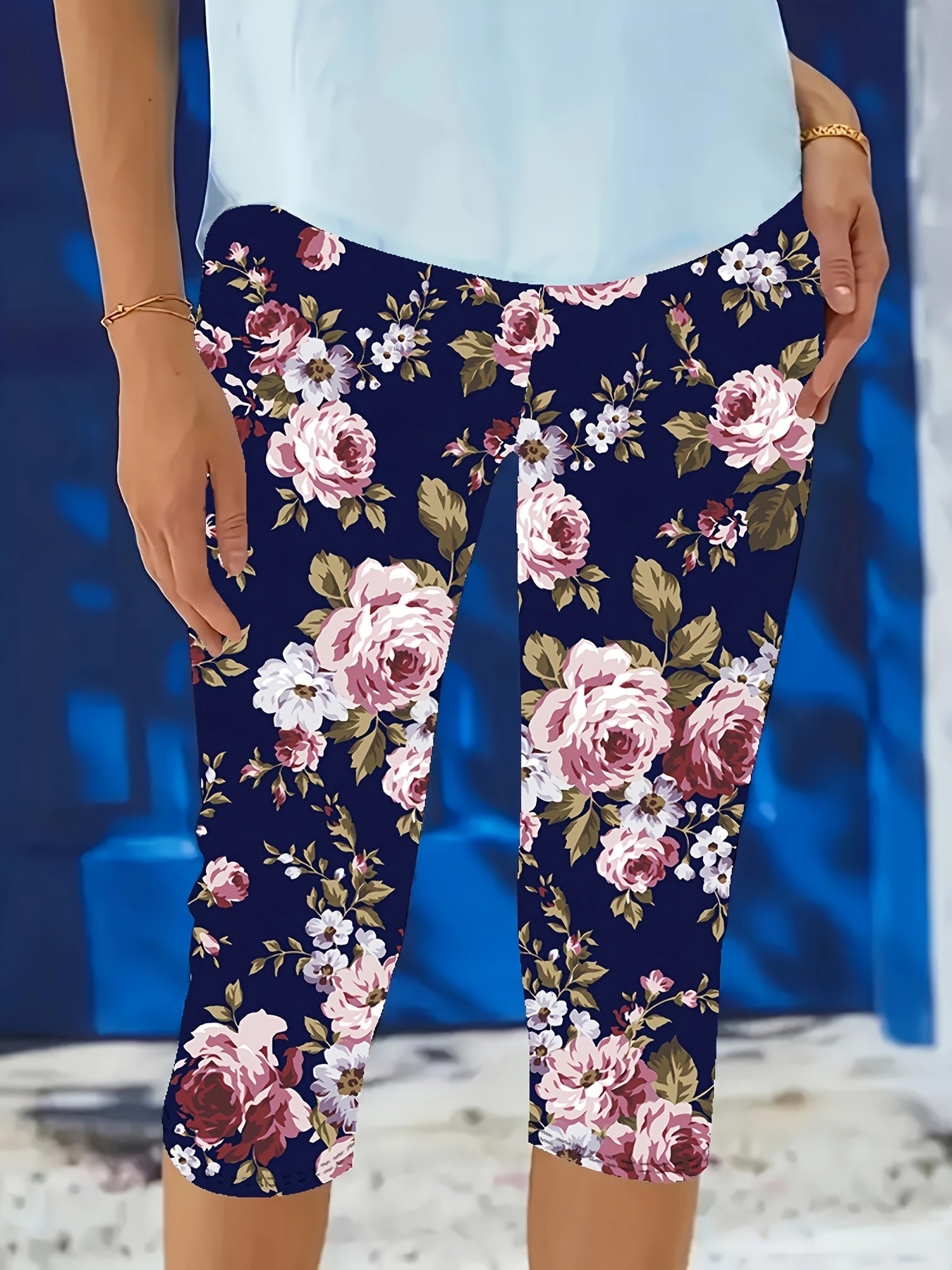 Plus Size Floral Skinny Jeans Women Stretchy Casual Trousers