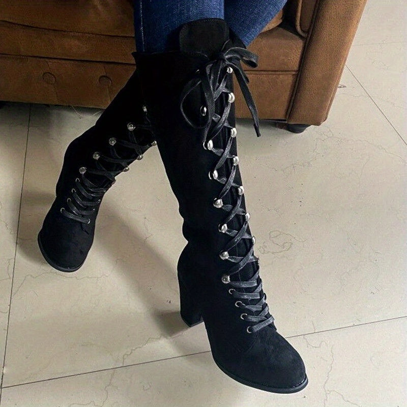 Women's Knee High Leather Boots Lace Up Chunky Heels Black Tall Shoes