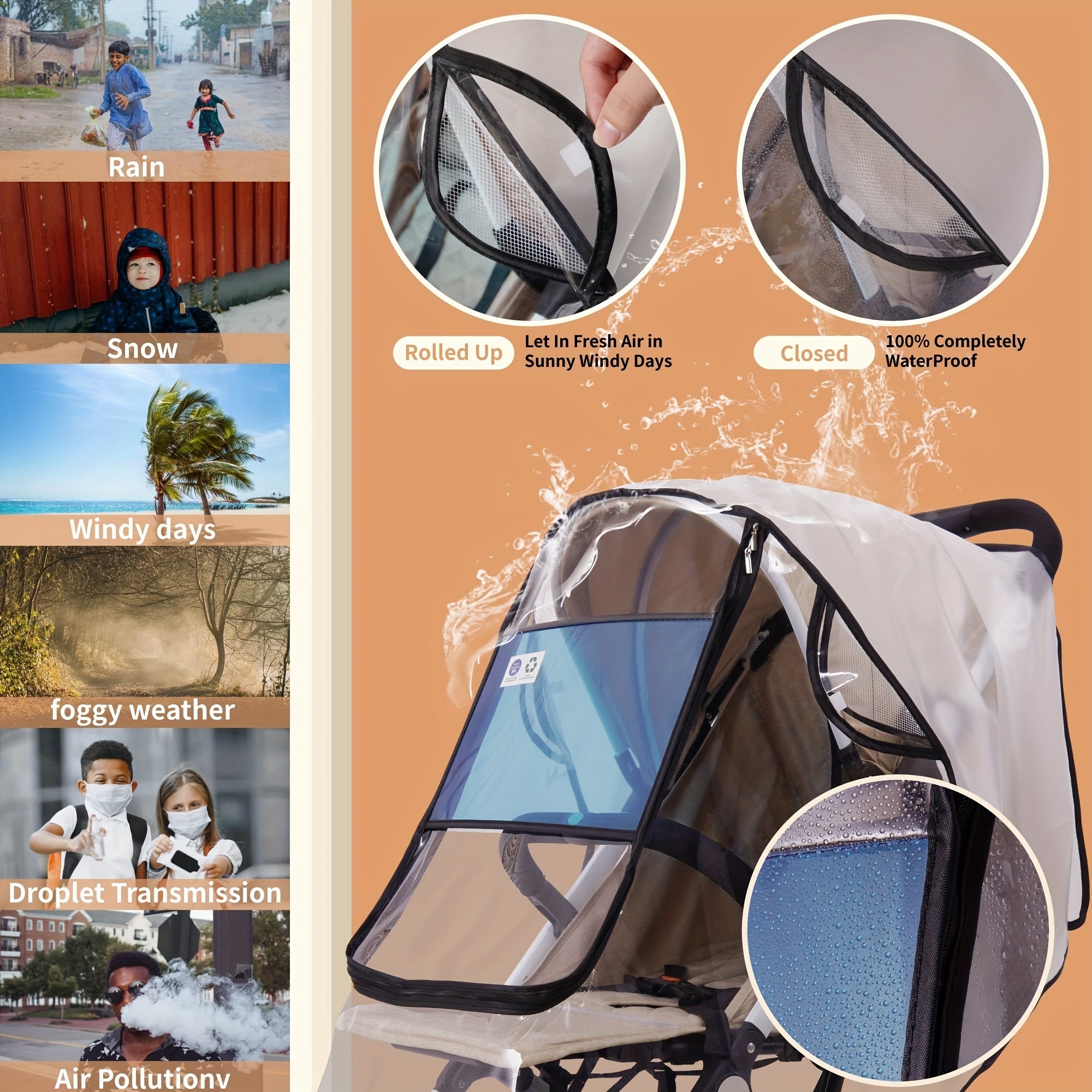 Stroller Rain Cover Waterproof Windproof Dust Shield for Baby Travel