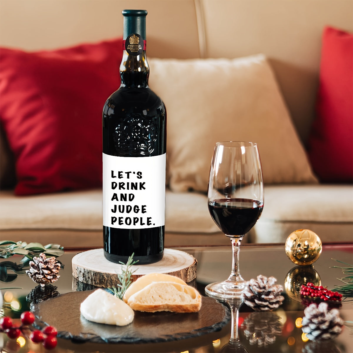 Set of 4 Funny Wine Bottle Labels with "Let's Drink and Judge People" Quote for Parties and Gifts