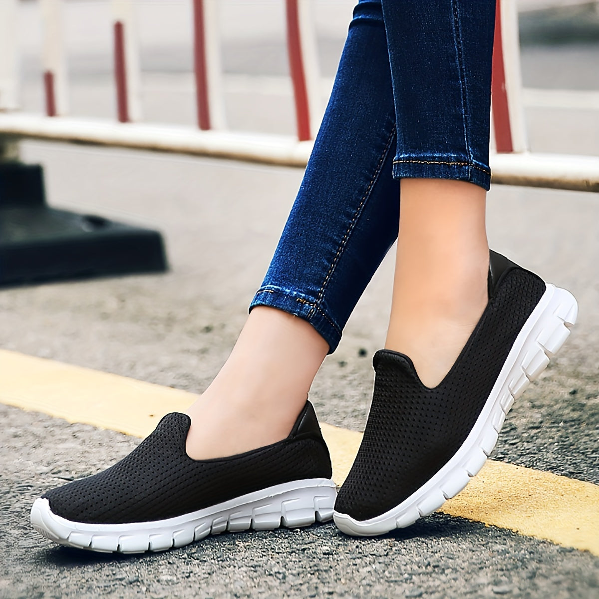 Lightweight Breathable Slip-On Sneakers for Women with Stripes and Low Top Design