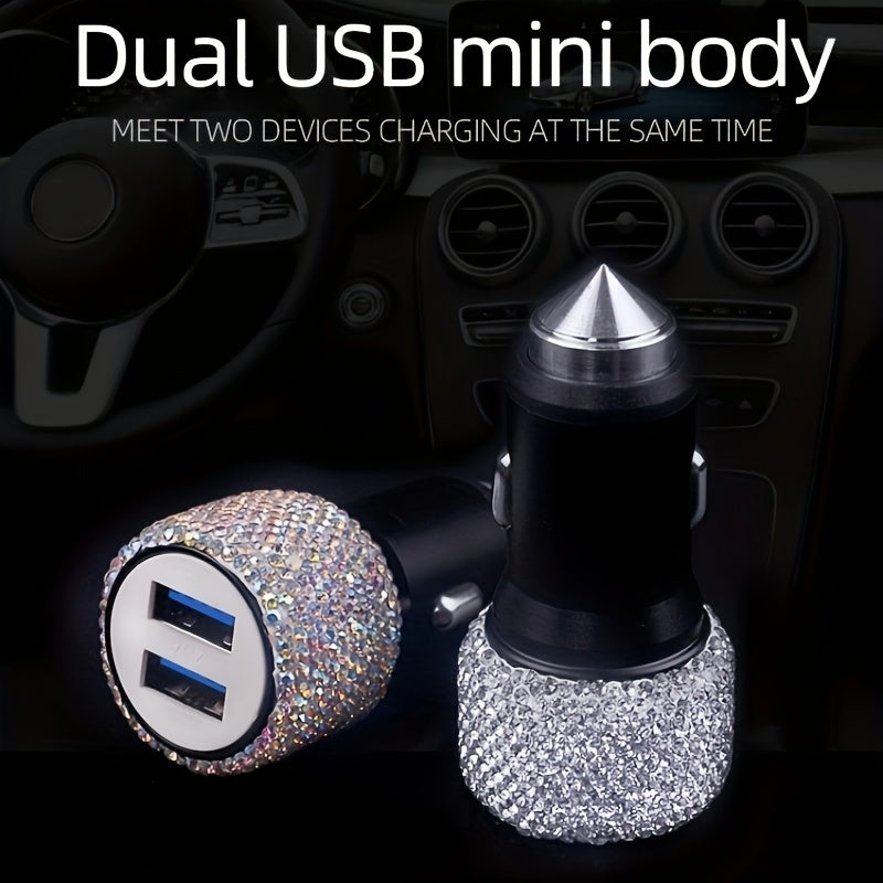 Artificial Diamond Car Charger Dual USB Safety Hammer Interior Decoration