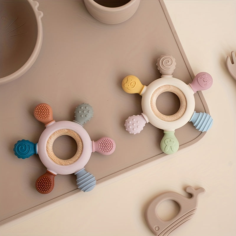 Baby Teether Silicone Rudder Shape with Wooden Ring BPA Free for Newborns