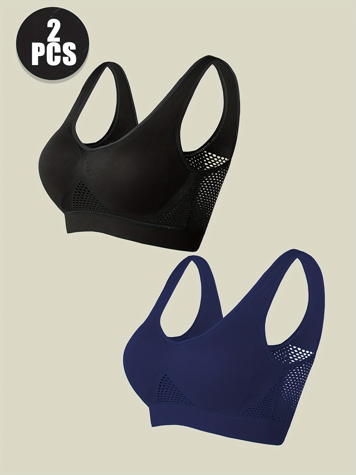 Women’s Sports Bras Breathable Mesh No Underwire Plus Size Black Blue 2pcs