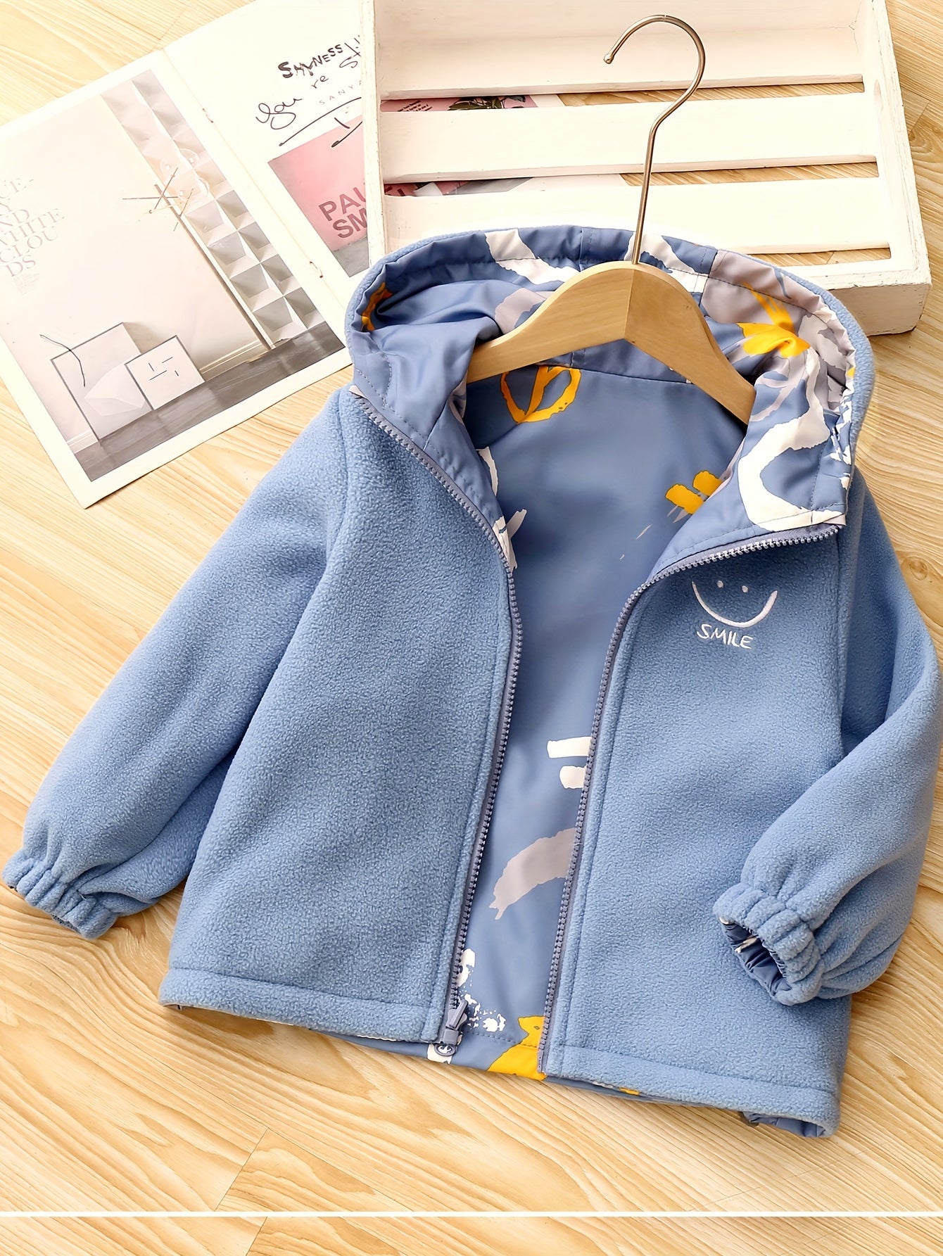 Boys Reversible Fleece-Lined Jacket with Pockets Crew Neck Casual All Seasons