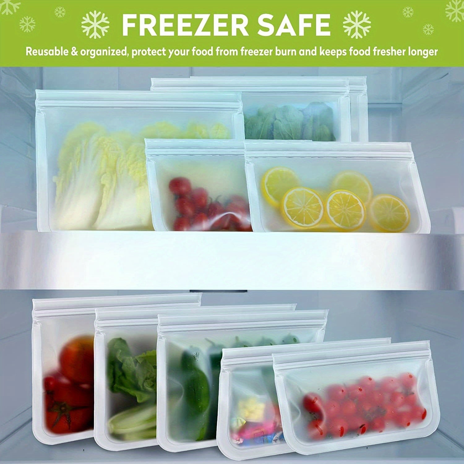 Reusable Silicone and Plastic Free Freezer Bags Set of 10 Leakproof BPA-Free Food Storage Bags for Meat Snacks and Organizing