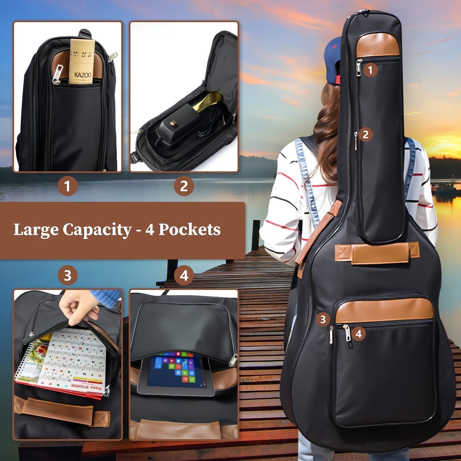 104.14cm Black Guitar Bag for Bass and Acoustic Travel Padded Tote Case