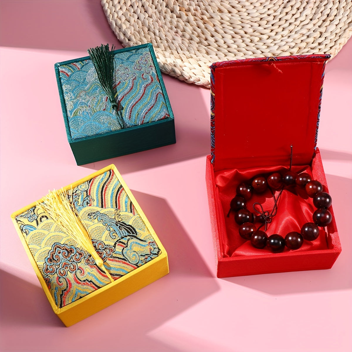 Chinese Style Storage Box with Tassel and Ancient Poetry Fabric Brocade for Jewelry Organizer