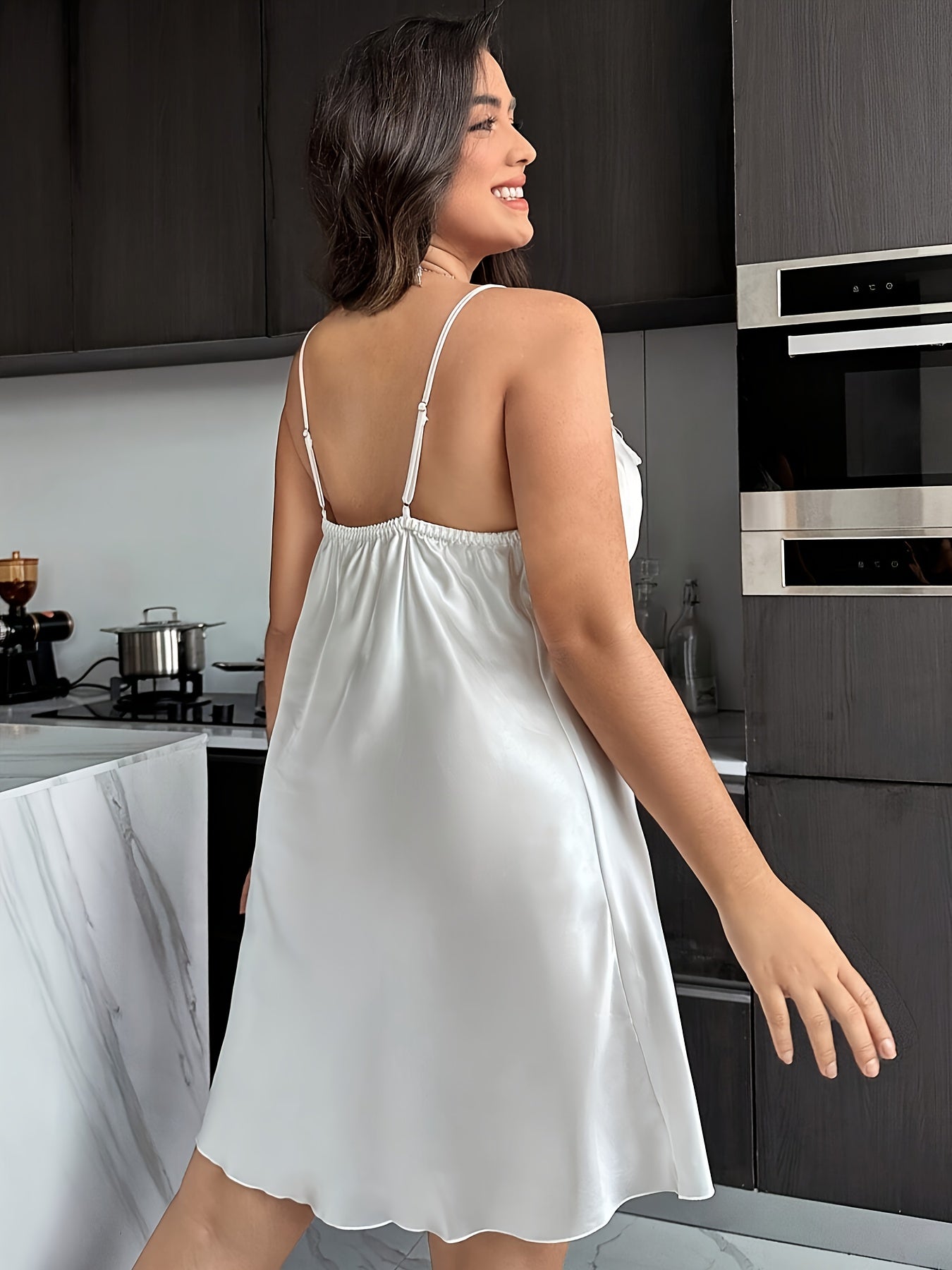 Plus Size Lace Trim Long Sleeve Robe and Slip Dress Set V-Neck Semi-Sheer Machine Washable