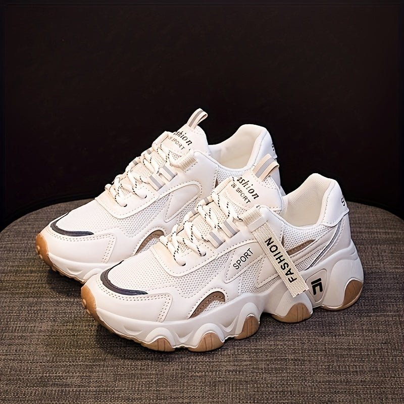 Women's Breathable Mesh Athletic Sneakers White Purple Low Top Lace-Up Thick Sole Sporty Design