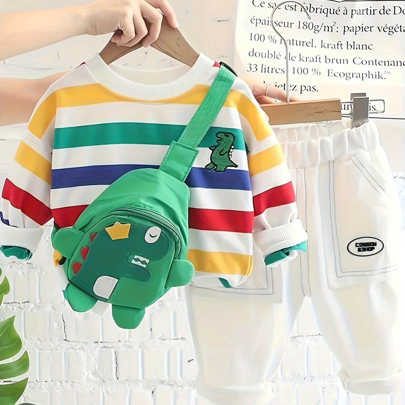 Kids' Autumn 2-Piece Outfit Set with Colorful Striped Long Sleeve Top and Green Dinosaur Jeans for Boys and Girls