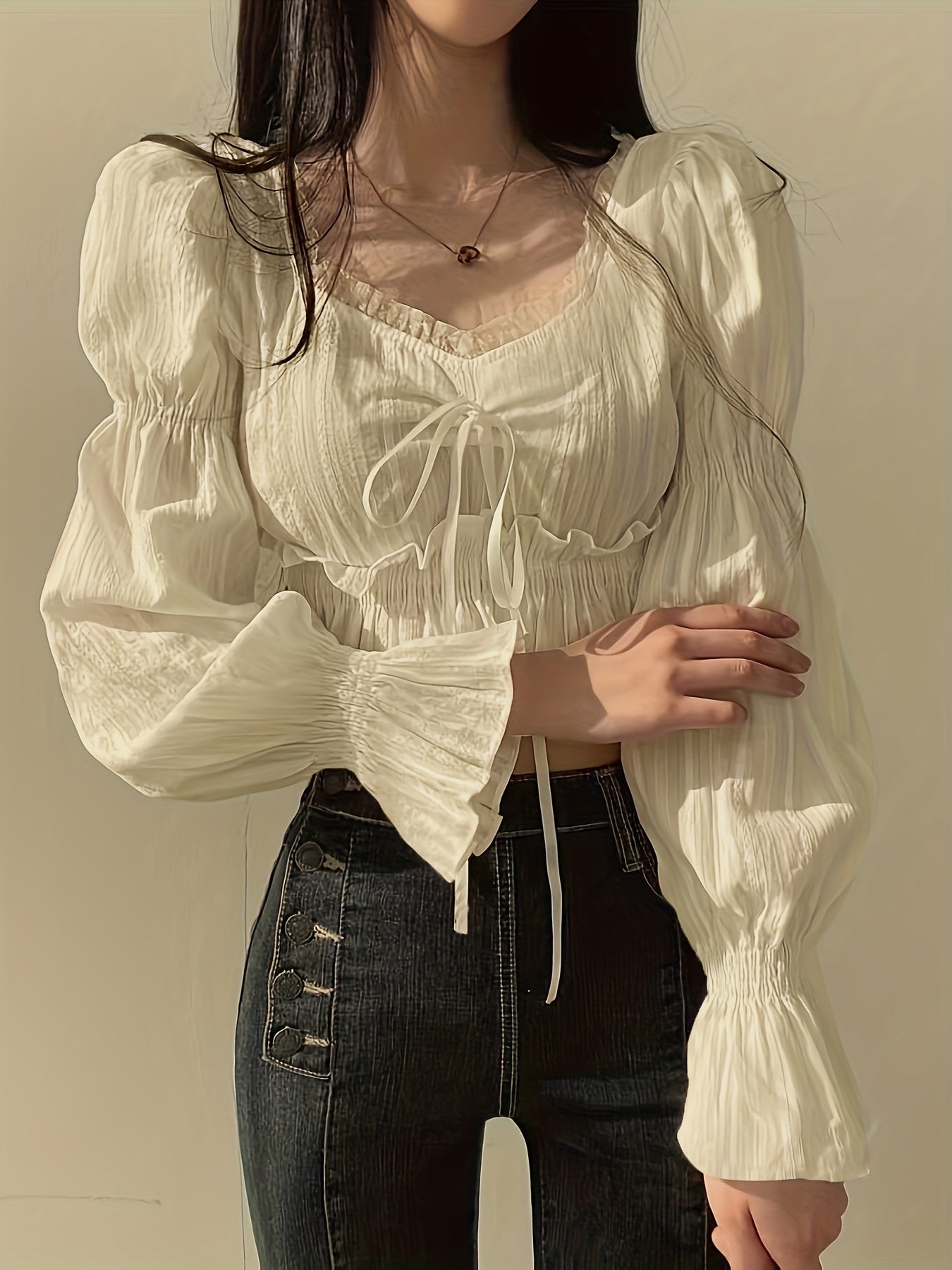 Women's White Cotton Shirt with Square Collar Long Sleeve Spring Autumn Casual