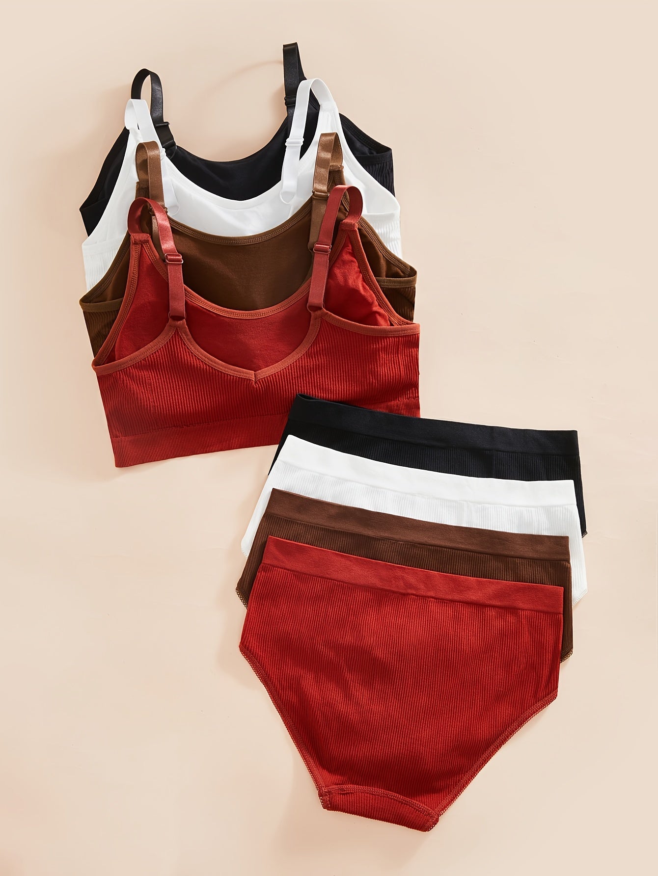 Women's Sports Bras and Panties Set 4 Pack Solid Color Knit Fabric Removable Padding