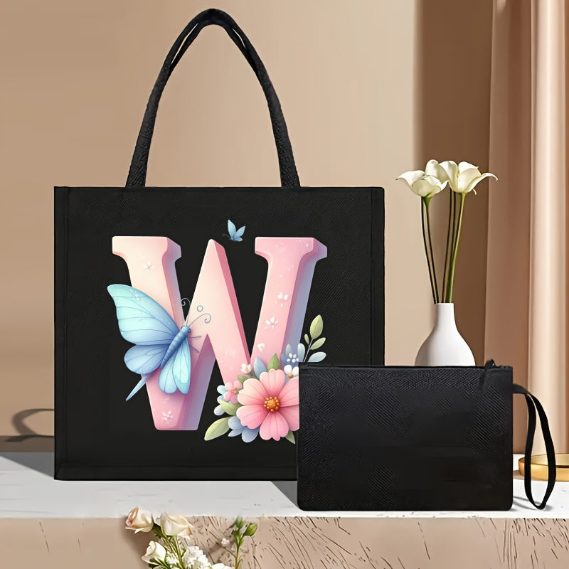 Set of 2 Floral Letter Print Canvas Tote Bags Large Handbag with Clutch Pouch