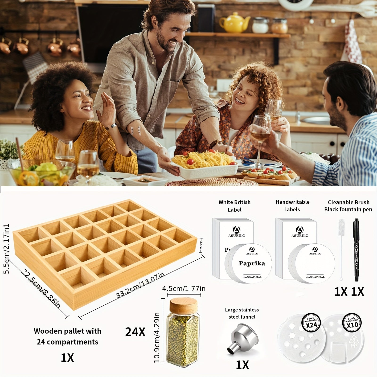 Spice Rack with 12 or 24 Jars Bamboo Lids Drawer Organizer Labels