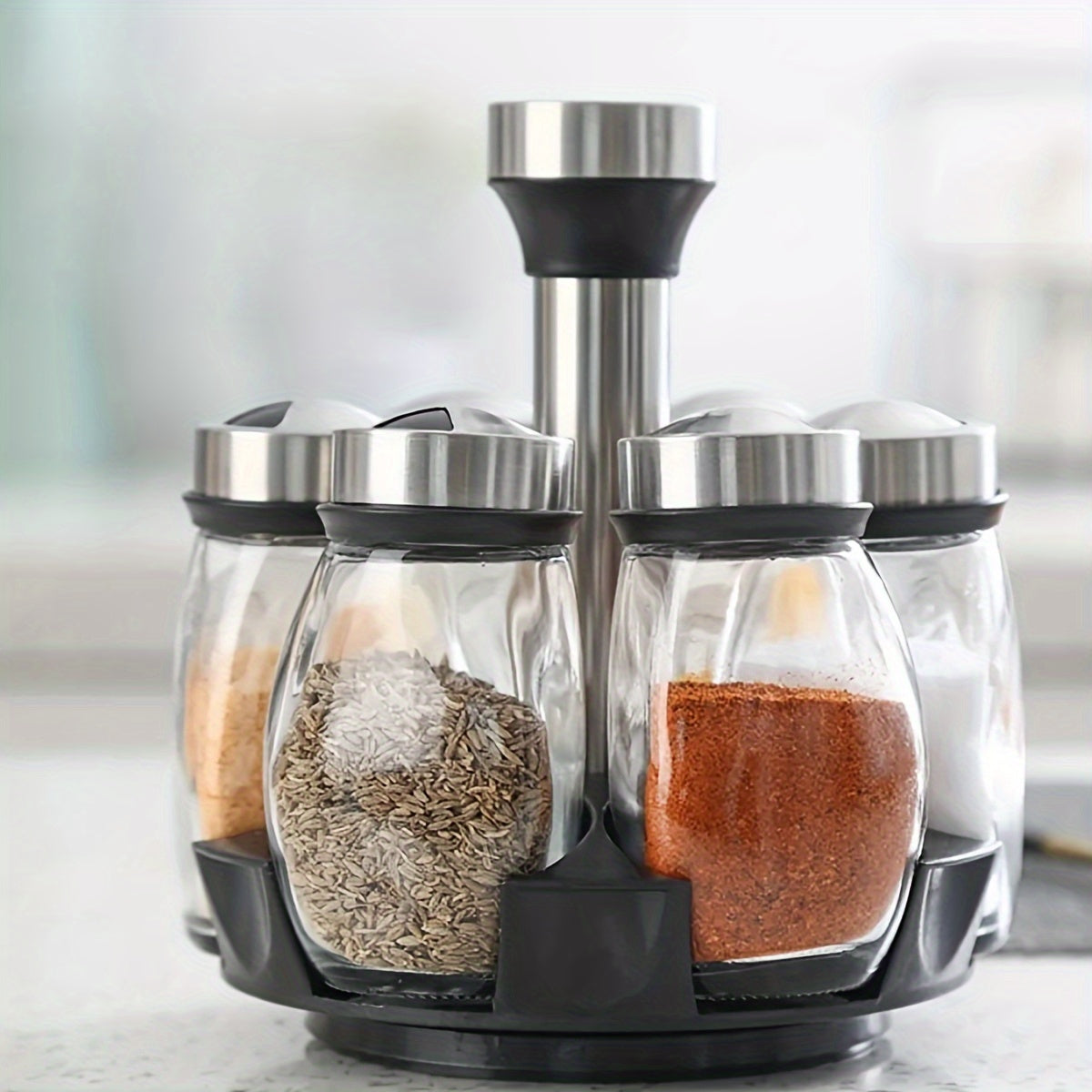 7-Piece Glass Spice Jar Set with Rotating Organizer Salt Pepper Sugar Shakers Kitchen Storage