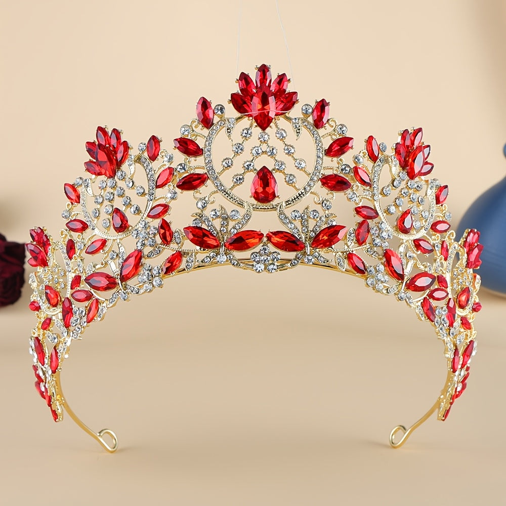 Red and Gold Crystal Tiara Headband for Weddings and Events Elegant Rhinestone Accessory