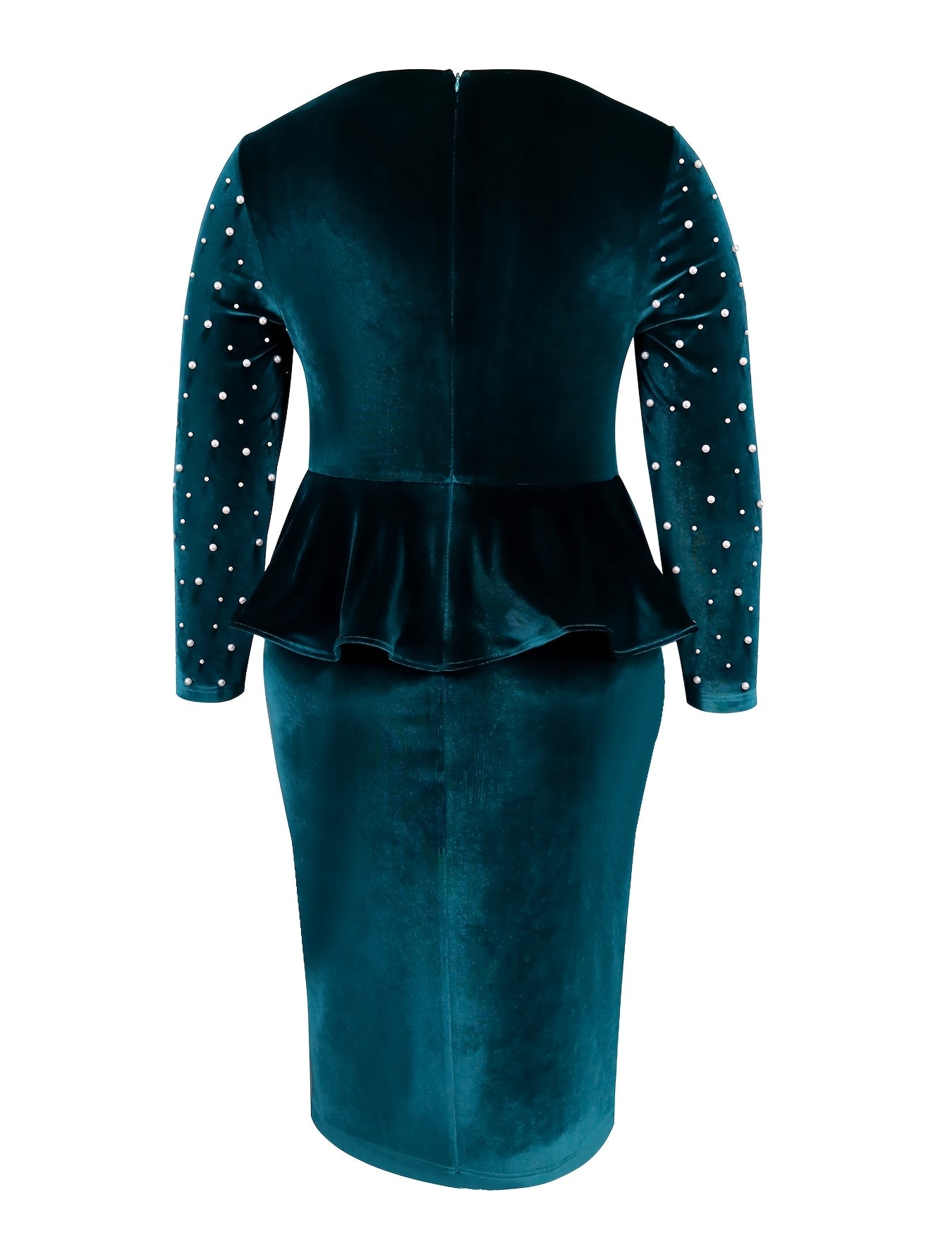 Women's Navy Blue Beaded Long Sleeve Cocktail Dress Slim Fit Bodycon Midi