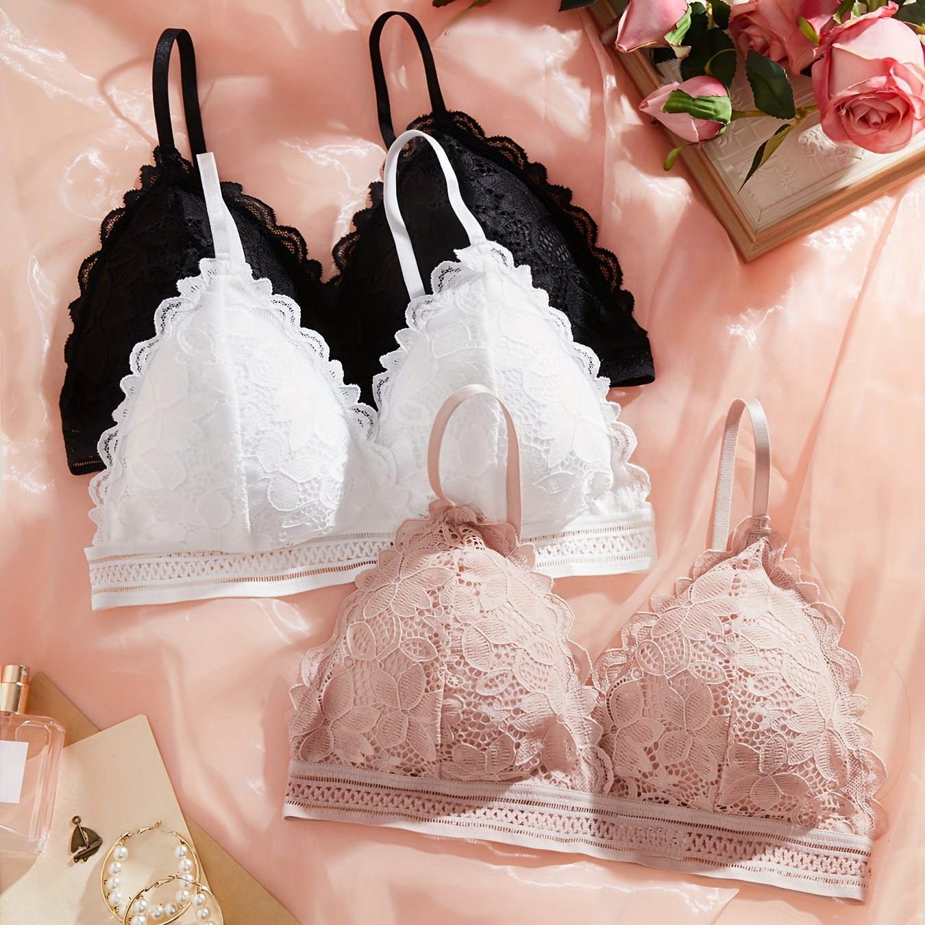 Women's Floral Lace Wireless Bra Set 3 Pieces Comfortable Breathable Lingerie